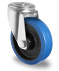 Točak Ø100 mm,  okretni, rupa za zavrtanj, poliamid (crn), elastična guma (plava), kuglični ležaj, nosivost 150 kg