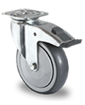 Točak Ø100 mm,  okretni sa kočnicom /plastični pedala, ploča, polipropilen (siva), termoplastična guma (siva), kuglični ležaj, nosivost 100 kg