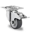 Točak Ø50 mm,  okretni sa kočnicom, ploča, polipropilen (siva), termoplastična guma (siva), kuglični ležaj, nosivost 50 kg