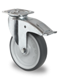 Točak Ø75 mm,  okretni sa kočnicom, ploča, polipropilen (siva), termoplastična guma (siva), kuglični ležaj, nosivost 75 kg