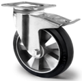 Točak Ø160 mm,  okretni sa kočnicom, ploča, Aluminijum (srebrna), elastična guma (crna), kuglični ležaj, nosivost 400 kg