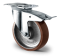 Točak Ø200 mm,  okretni sa kočnicom, ploča, Liveno gvoždje (srebrna), poliuretan (smeđa), kuglični ležaj, nosivost 1000 kg