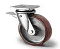 Točak Ø125 mm,  okretni – kočnica ispred sa zavarenom viljuškom, ploča, Liveno gvoždje (srebrna), poliuretan (smeđa), kuglični ležaj, nosivost 700 kg