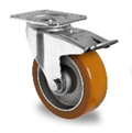 Točak Ø125 mm,  okretni sa kočnicom, ploča, Aluminijum (srebrna), poliuretan (smeđa), kuglični ležaj, nosivost 300 kg